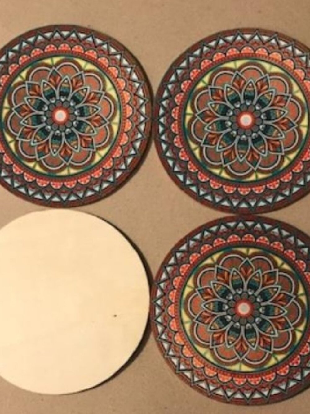 Wooden 4 pc Mandala Coaster Set Lotus Flower Geometric Pattern India 102